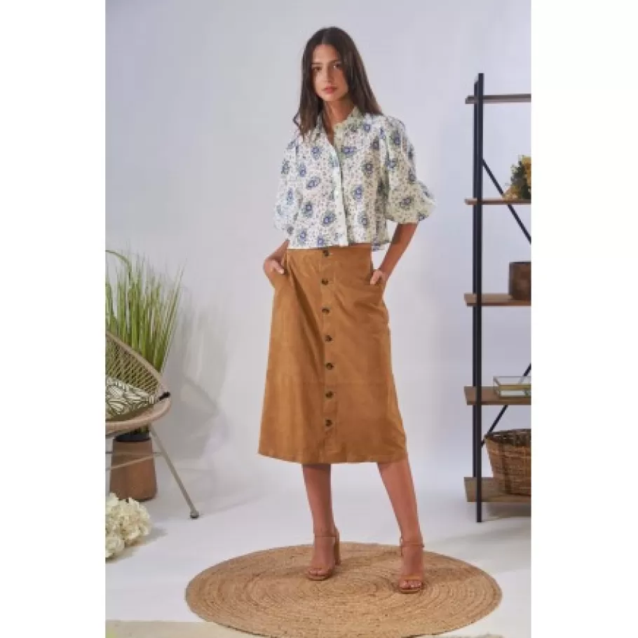 OAKWOOD Aliana Tan - Jupe Midi A Boutons En Cuir Veritable De Chevre Velours Flash Sale