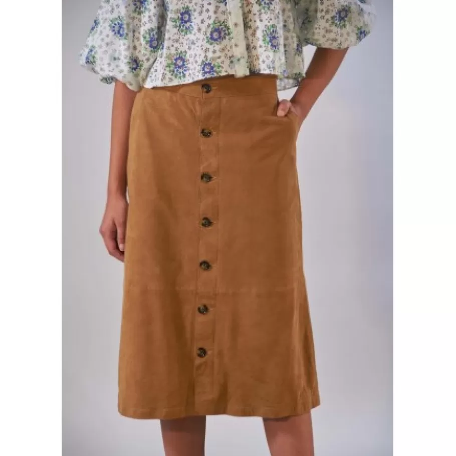 OAKWOOD Aliana Tan - Jupe Midi A Boutons En Cuir Veritable De Chevre Velours Flash Sale