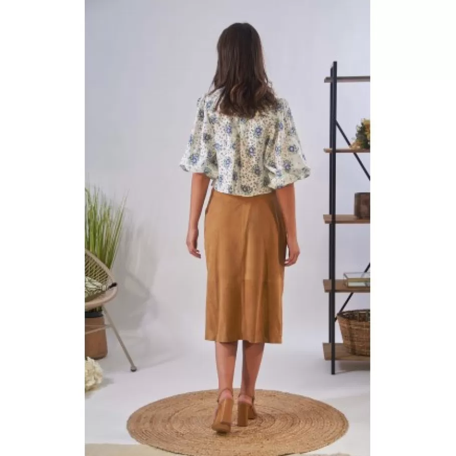 OAKWOOD Aliana Tan - Jupe Midi A Boutons En Cuir Veritable De Chevre Velours Flash Sale