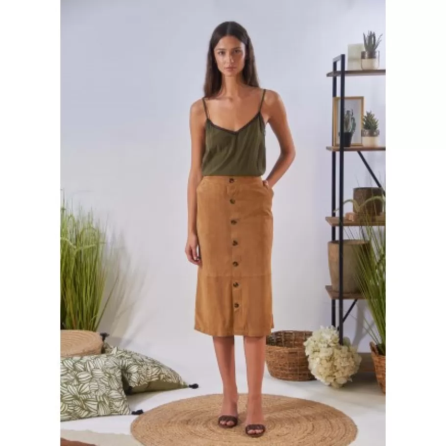 OAKWOOD Aliana Tan - Jupe Midi A Boutons En Cuir Veritable De Chevre Velours Flash Sale
