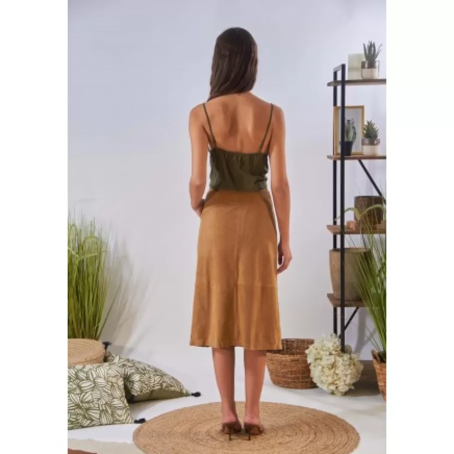 OAKWOOD Aliana Tan - Jupe Midi A Boutons En Cuir Veritable De Chevre Velours Flash Sale
