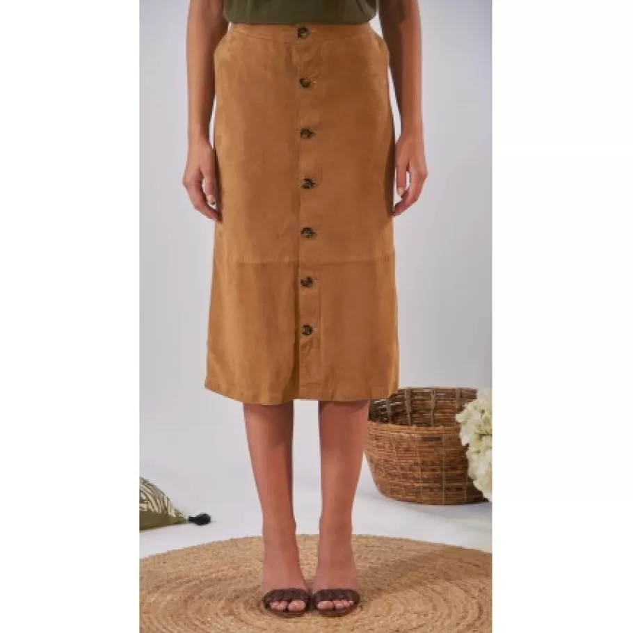 OAKWOOD Aliana Tan - Jupe Midi A Boutons En Cuir Veritable De Chevre Velours Flash Sale