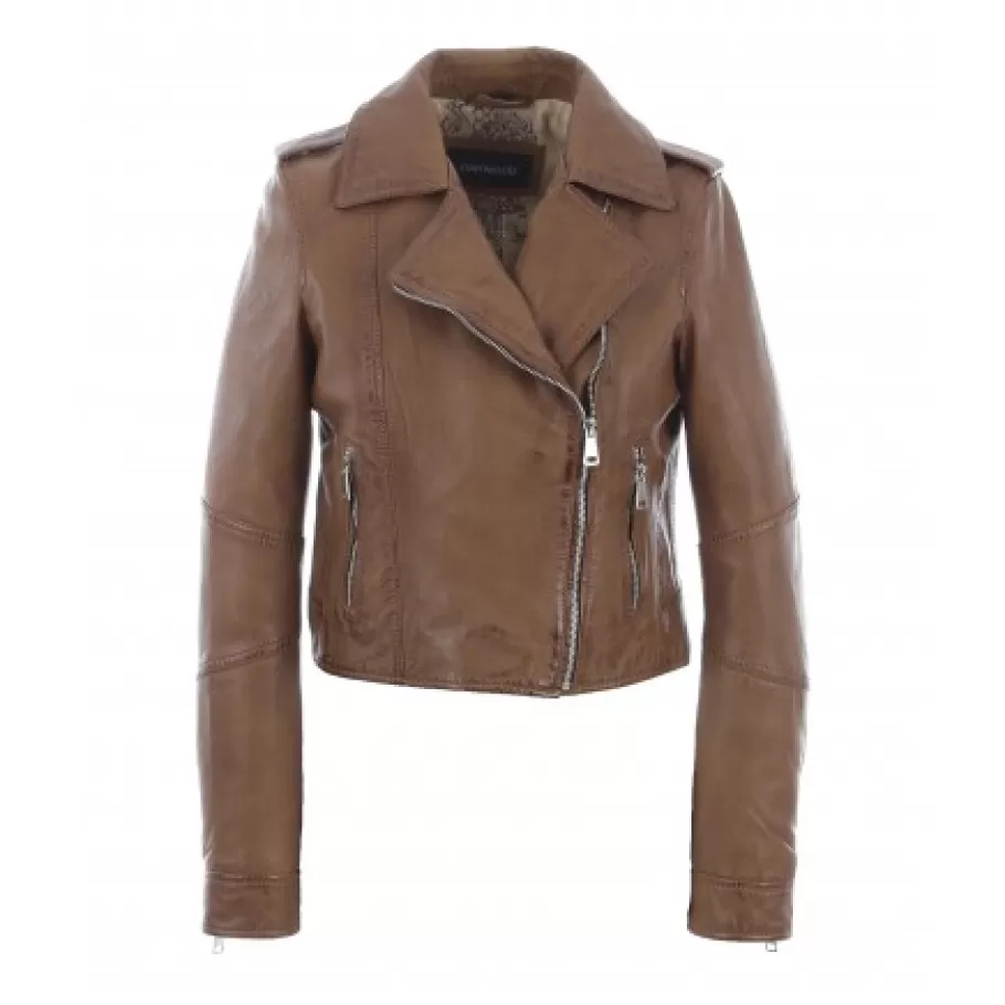 OAKWOOD Alizee Cognac - Blouson Asymetrique Court En Cuir Veritable Effet Lave Fashion