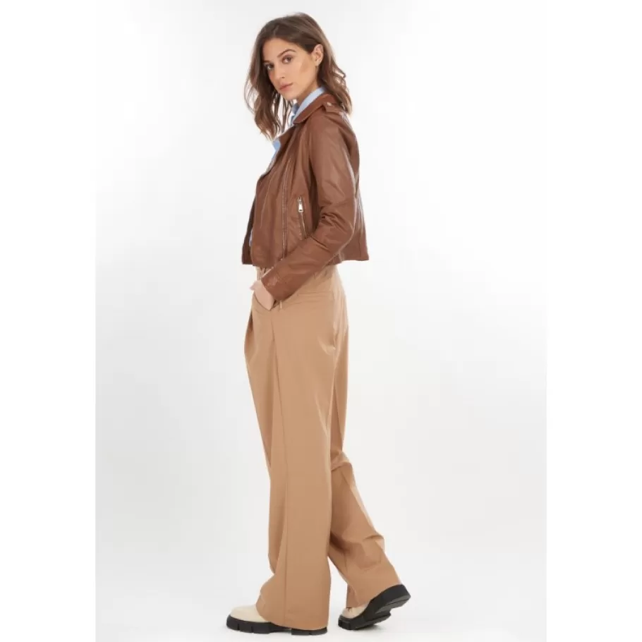 OAKWOOD Alizee Cognac - Blouson Asymetrique Court En Cuir Veritable Effet Lave Fashion