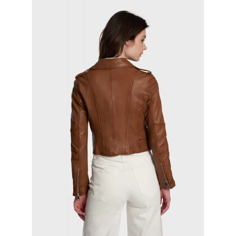 OAKWOOD Alizee Cognac - Blouson Asymetrique Court En Cuir Veritable Effet Lave Fashion