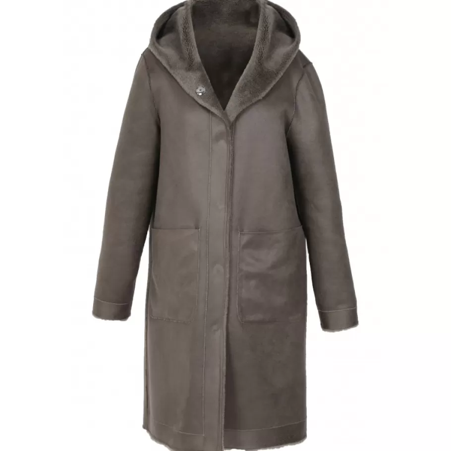 OAKWOOD Angelique Kaki Fonce - Manteau Reversible A Capuche Effet Peau Lainee Outlet