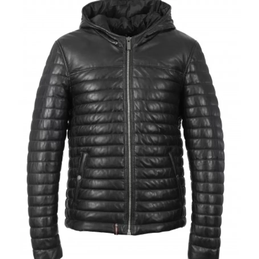 OAKWOOD Aurelien Bleu Fonce - Doudoune En Cuir Veritable Bicolore A Capuche Online