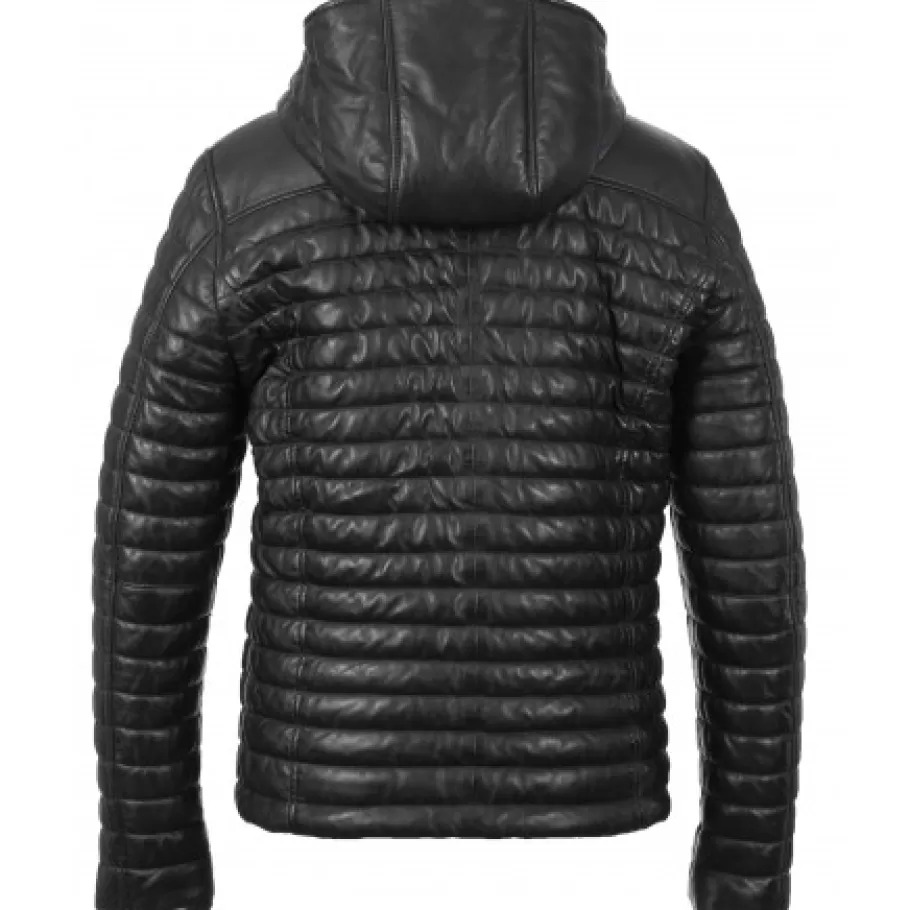 OAKWOOD Aurelien Bleu Fonce - Doudoune En Cuir Veritable Bicolore A Capuche Online