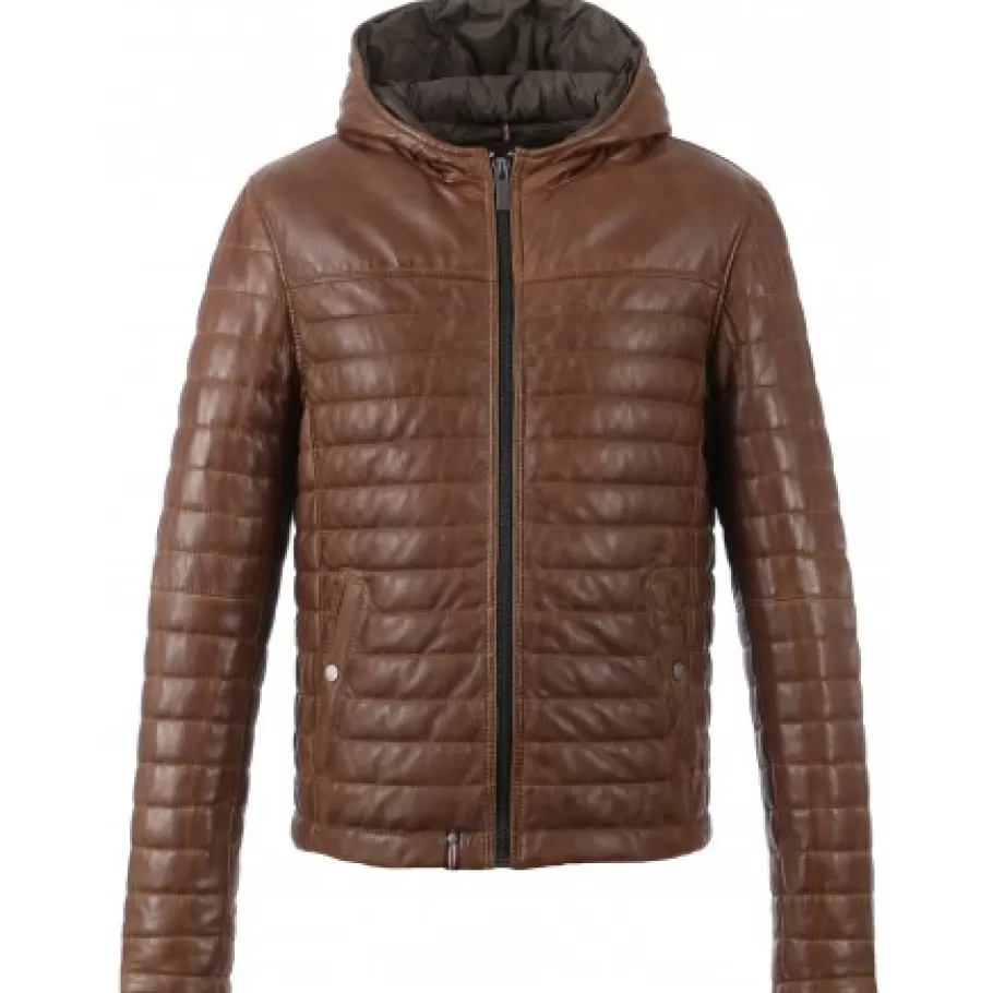 OAKWOOD Aurelien Cognac - Doudoune En Cuir Veritable Bicolore A Capuche Fashion