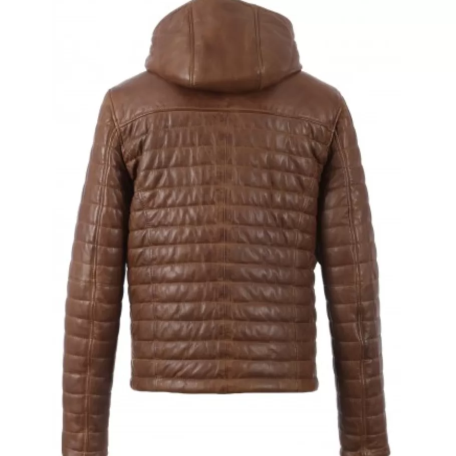 OAKWOOD Aurelien Cognac - Doudoune En Cuir Veritable Bicolore A Capuche Fashion