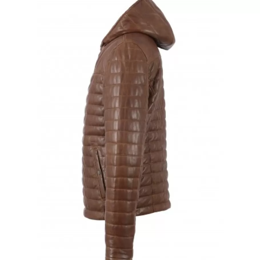 OAKWOOD Aurelien Cognac - Doudoune En Cuir Veritable Bicolore A Capuche Fashion