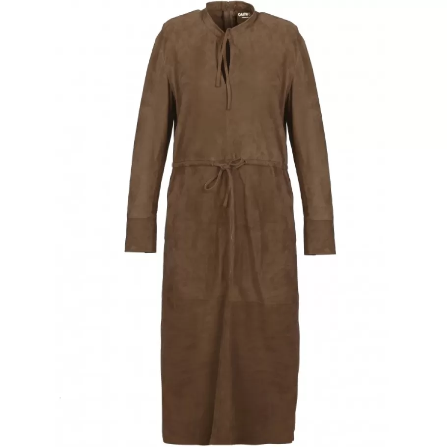 OAKWOOD Azza Marron Clair - Robe Mi-Longue En Cuir Veritable De Chevre Velours New