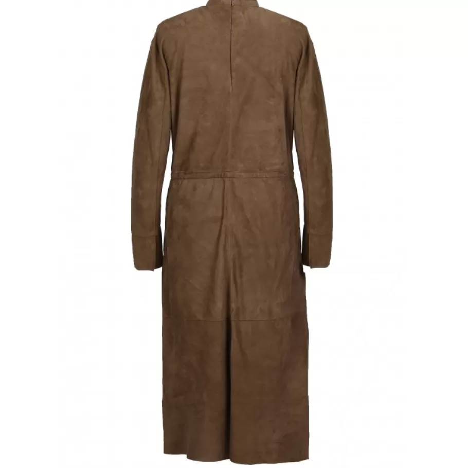 OAKWOOD Azza Marron Clair - Robe Mi-Longue En Cuir Veritable De Chevre Velours New