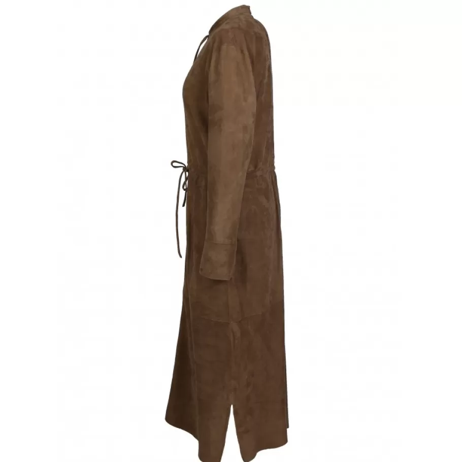 OAKWOOD Azza Marron Clair - Robe Mi-Longue En Cuir Veritable De Chevre Velours New