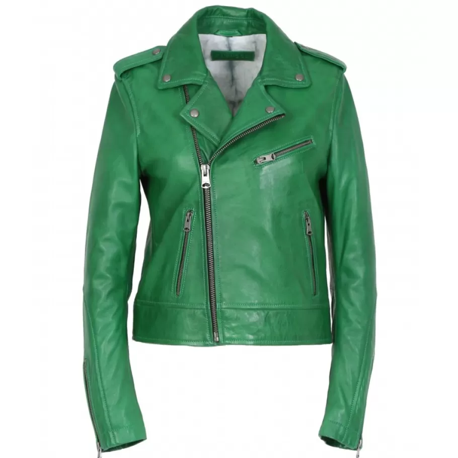 OAKWOOD Boogie Vert - Blouson Epure A Fermeture Asymetrique En Cuir Veritable New