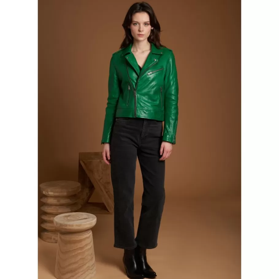 OAKWOOD Boogie Vert - Blouson Epure A Fermeture Asymetrique En Cuir Veritable New