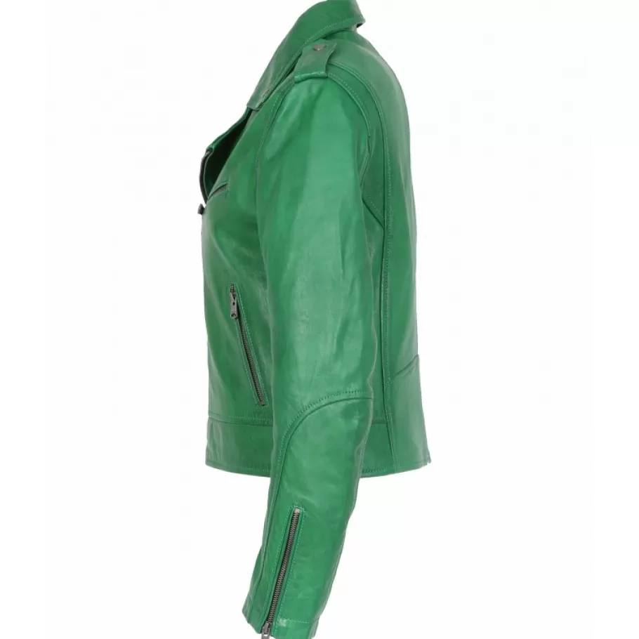 OAKWOOD Boogie Vert - Blouson Epure A Fermeture Asymetrique En Cuir Veritable New