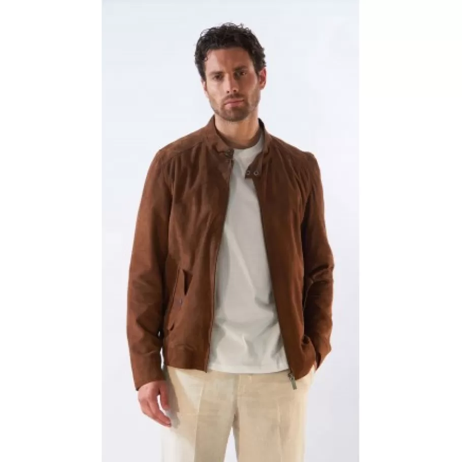 OAKWOOD Chicago Cognac - Blouson Elegant En Cuir Veritable Col Mao A Pressions Et Ceinture Teddy Clearance