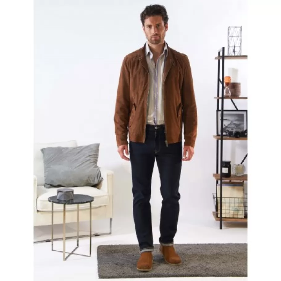 OAKWOOD Chicago Cognac - Blouson Elegant En Cuir Veritable Col Mao A Pressions Et Ceinture Teddy Clearance