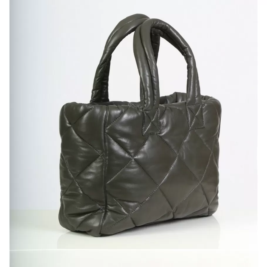 OAKWOOD Except Kaki Fonce - Petit Sac Cabas En Cuir Veritable Matelasse New