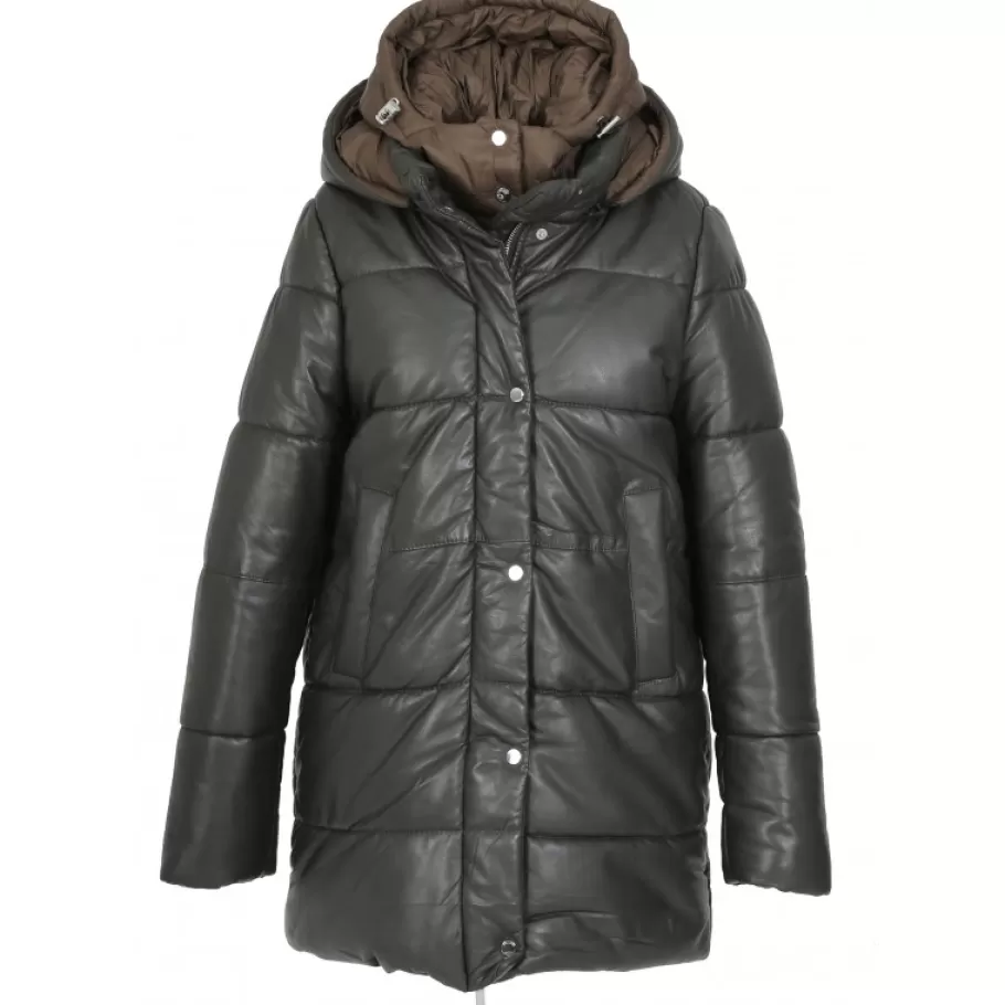 OAKWOOD Fancy Kaki Fonce - Doudoune Mi-Longue En Cuir Veritable Avec Capuches Amovibles Outlet