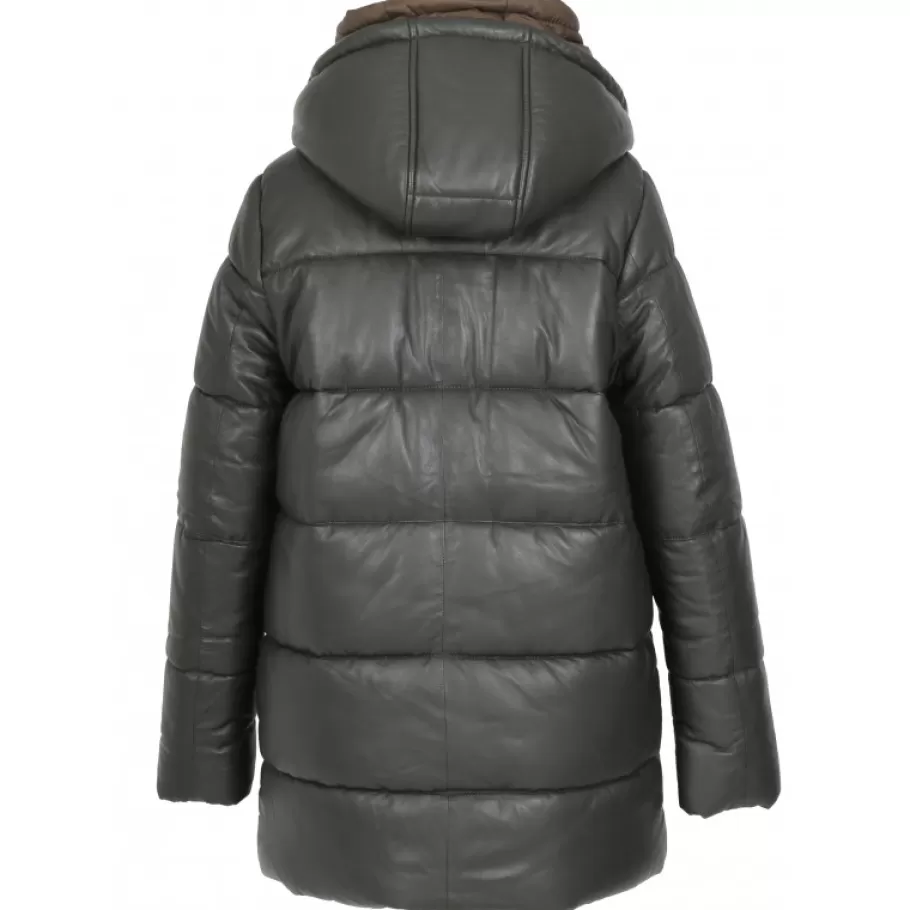 OAKWOOD Fancy Kaki Fonce - Doudoune Mi-Longue En Cuir Veritable Avec Capuches Amovibles Outlet