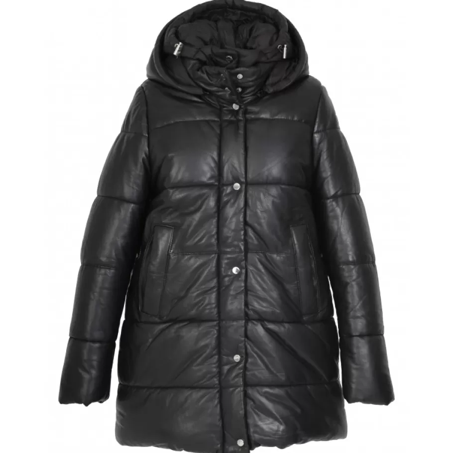 OAKWOOD Fancy Noir - Doudoune Mi-Longue En Cuir Veritable Avec Capuches Amovibles Store