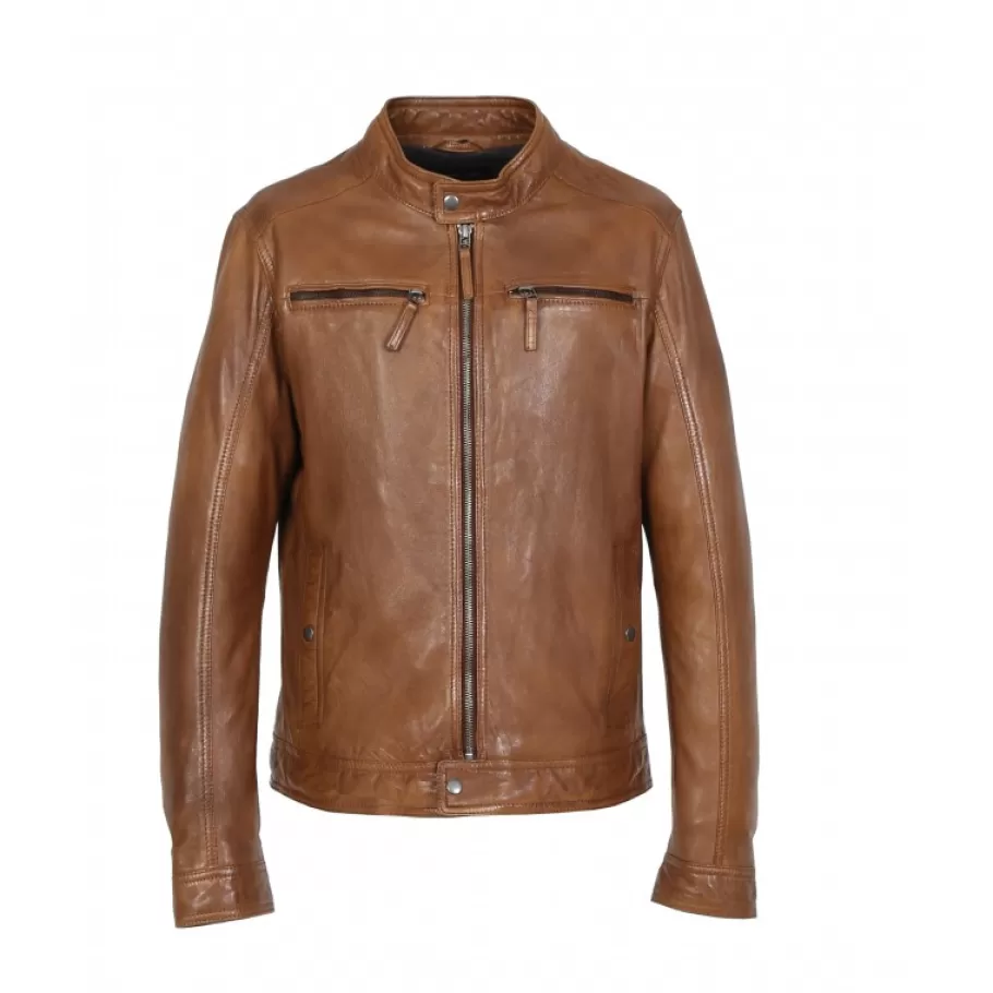 OAKWOOD Gilles 6 Cognac - Blouson En Cuir Veritable Col Mao A Bouton Pression Discount