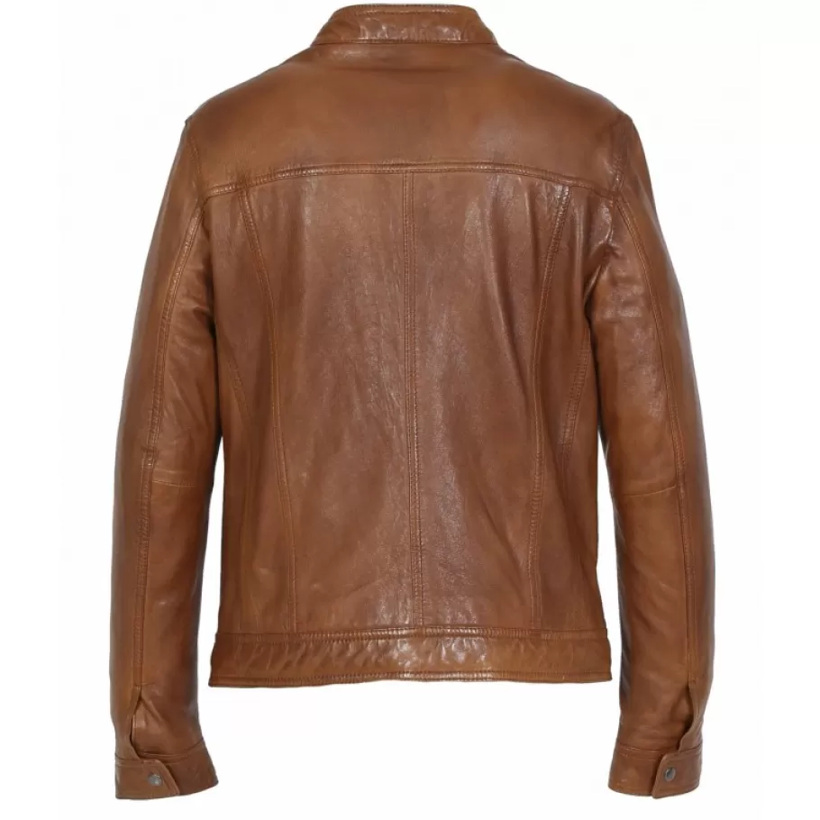 OAKWOOD Gilles 6 Cognac - Blouson En Cuir Veritable Col Mao A Bouton Pression Discount