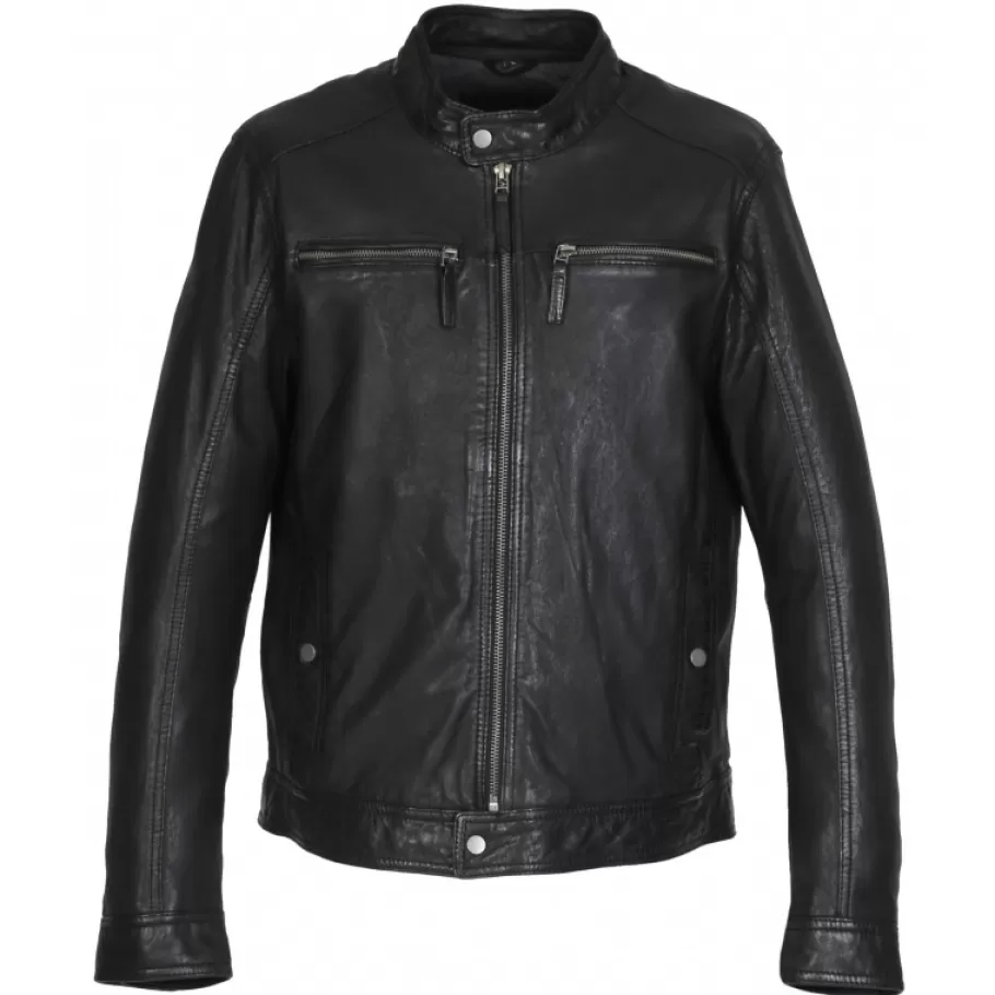 OAKWOOD Gilles 6 Noir - Blouson En Cuir Veritable Col Mao A Bouton Pression Hot