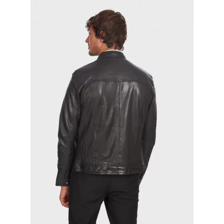 OAKWOOD Gilles 6 Noir - Blouson En Cuir Veritable Col Mao A Bouton Pression Hot