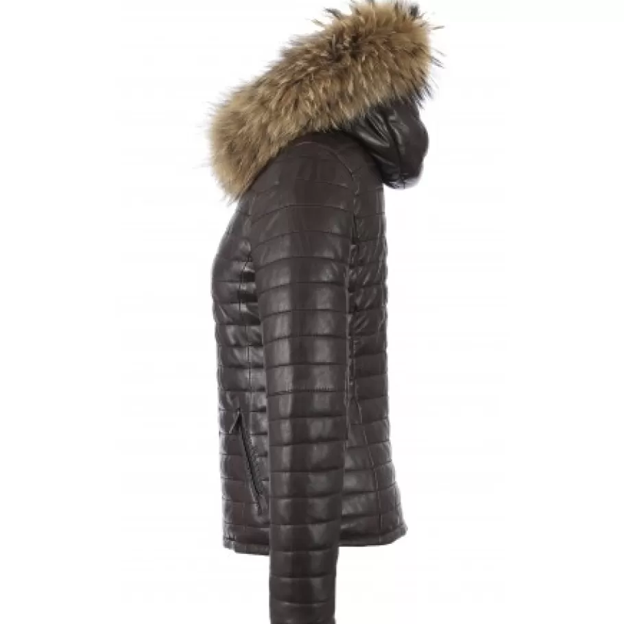 OAKWOOD Happy Chocolat - Doudoune En Cuir Veritable Bicolore A Capuche & Fourrure Sale