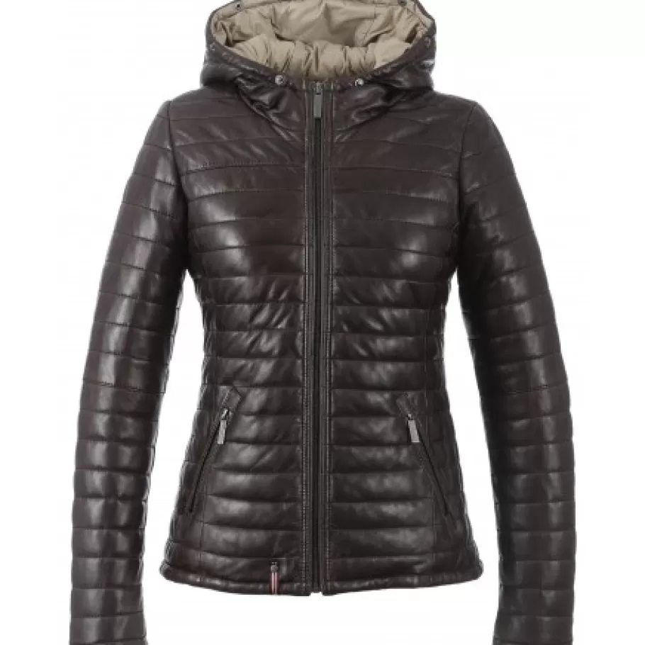 OAKWOOD Happy Chocolat - Doudoune En Cuir Veritable Bicolore A Capuche & Fourrure Sale