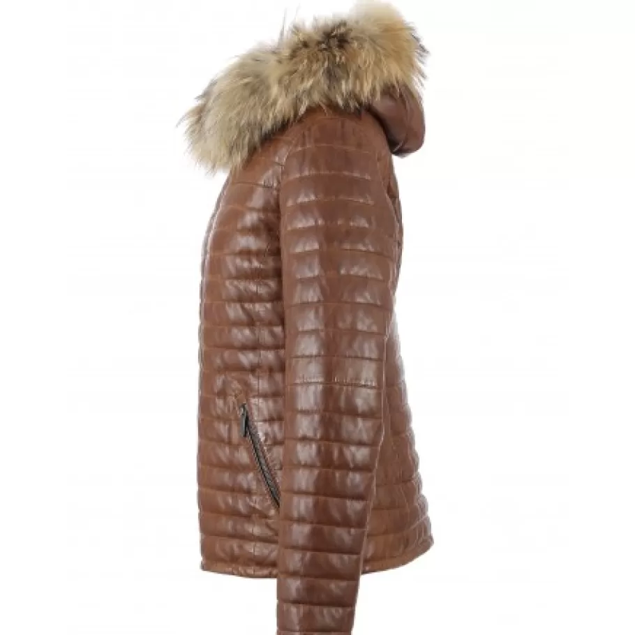 OAKWOOD Happy Cognac - Doudoune En Cuir Veritable Bicolore A Capuche & Fourrure Hot