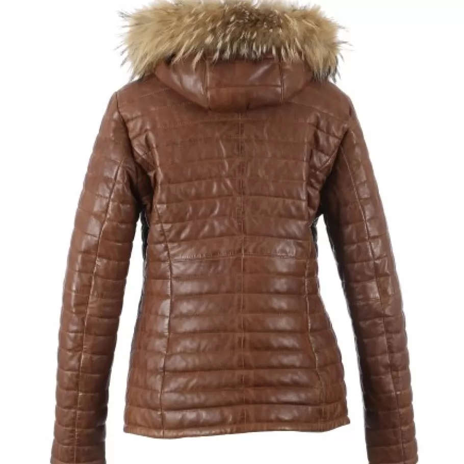 OAKWOOD Happy Cognac - Doudoune En Cuir Veritable Bicolore A Capuche & Fourrure Hot
