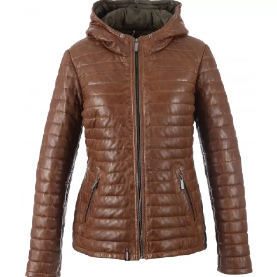 OAKWOOD Happy Cognac - Doudoune En Cuir Veritable Bicolore A Capuche & Fourrure Hot