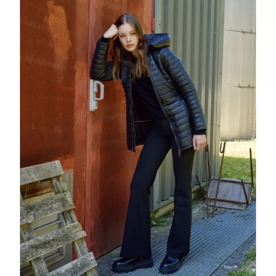 OAKWOOD Hopper Noir - Doudoune Mi-Longue En Cuir Veritable Capuche A Revers Best