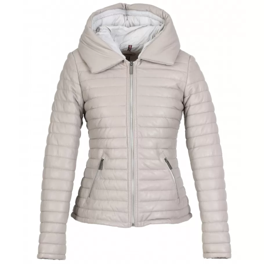 OAKWOOD Hyper Gris Clair - Doudoune Courte En Cuir Veritable Capuche A Revers New