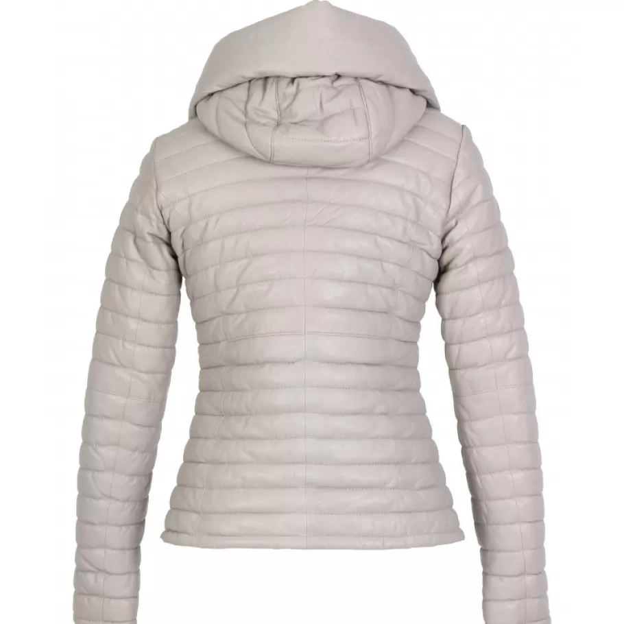 OAKWOOD Hyper Gris Clair - Doudoune Courte En Cuir Veritable Capuche A Revers New