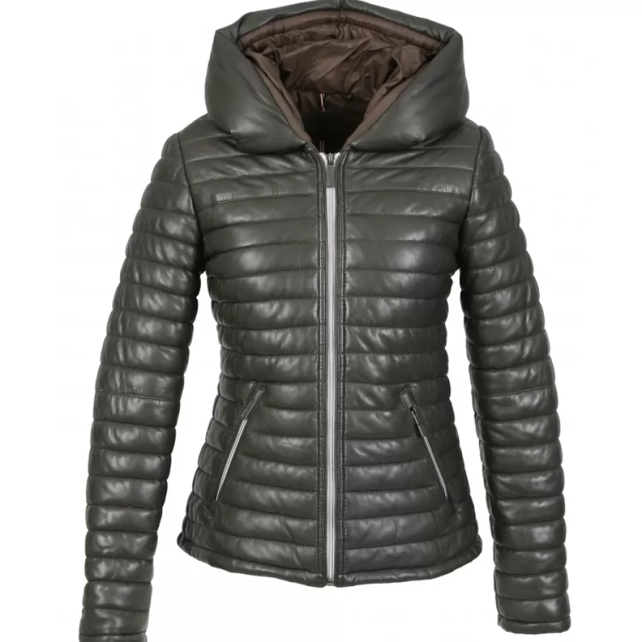 OAKWOOD Hyper Kaki Fonce - Doudoune Courte En Cuir Veritable Capuche A Revers Shop