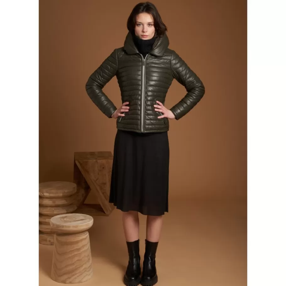 OAKWOOD Hyper Kaki Fonce - Doudoune Courte En Cuir Veritable Capuche A Revers Shop