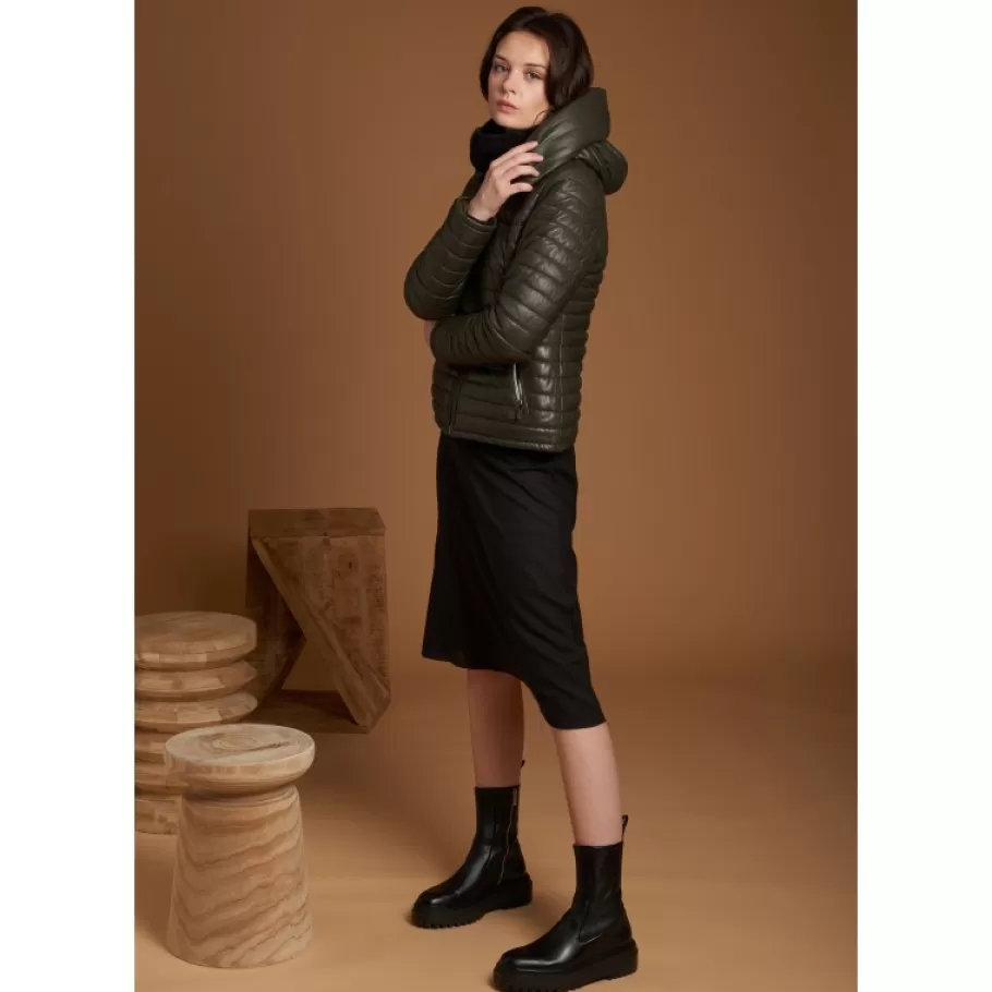 OAKWOOD Hyper Kaki Fonce - Doudoune Courte En Cuir Veritable Capuche A Revers Shop