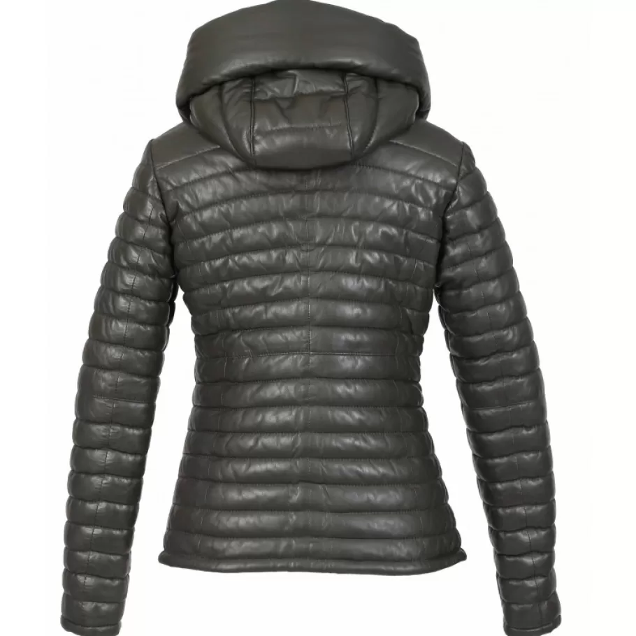 OAKWOOD Hyper Kaki Fonce - Doudoune Courte En Cuir Veritable Capuche A Revers Shop