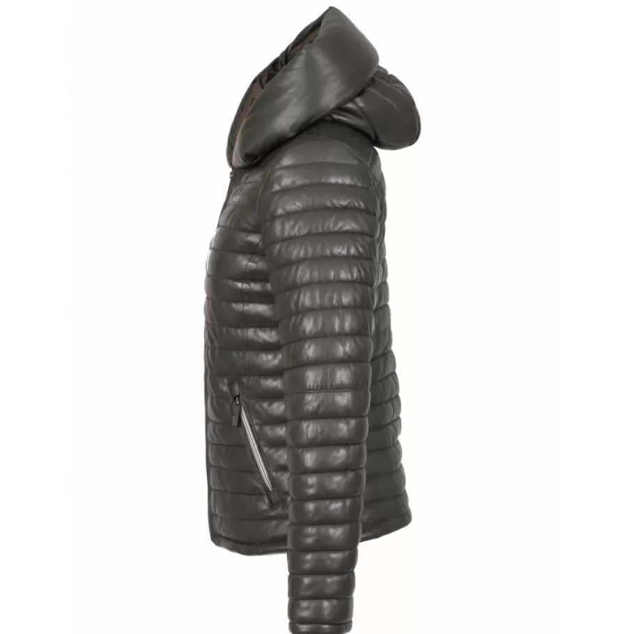 OAKWOOD Hyper Kaki Fonce - Doudoune Courte En Cuir Veritable Capuche A Revers Shop