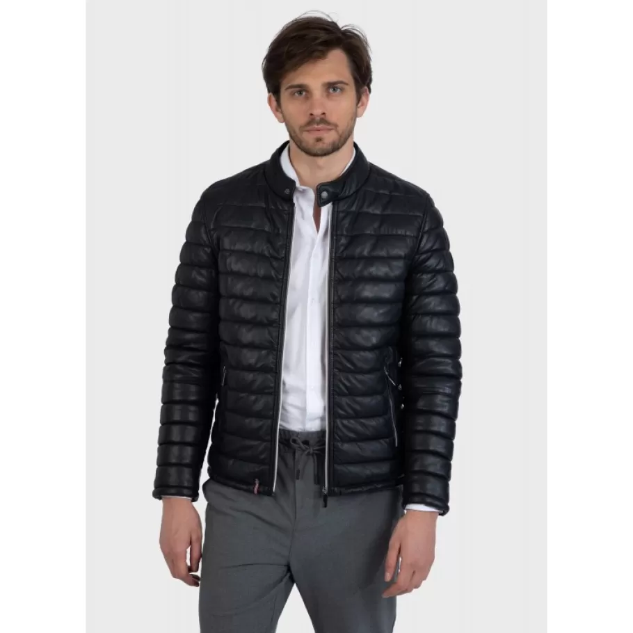 OAKWOOD Julien Noir - Doudoune En Cuir Veritable Avec Col Mao Pressionne Cheap