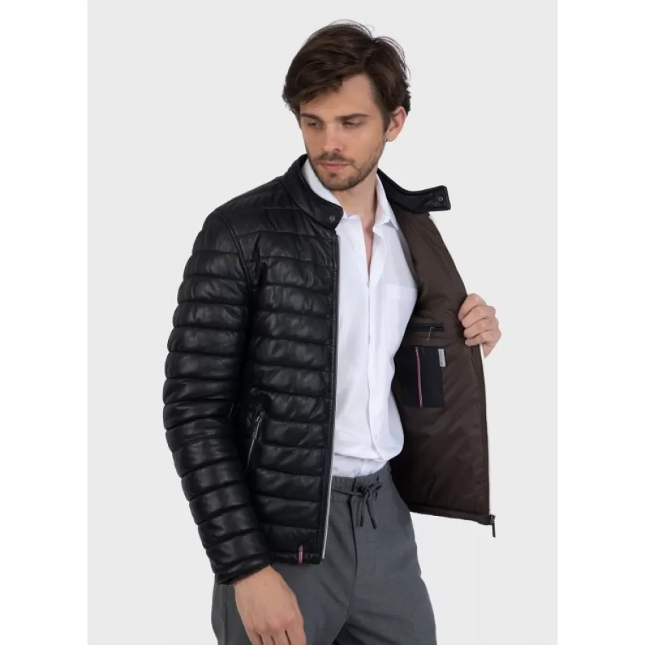 OAKWOOD Julien Noir - Doudoune En Cuir Veritable Avec Col Mao Pressionne Cheap