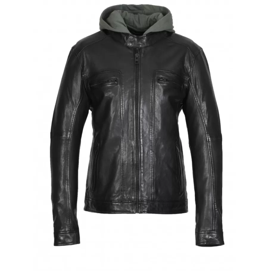 OAKWOOD Kingsley Noir - Blouson En Cuir Veritable Effet Lave & Capuche Amovible Shop