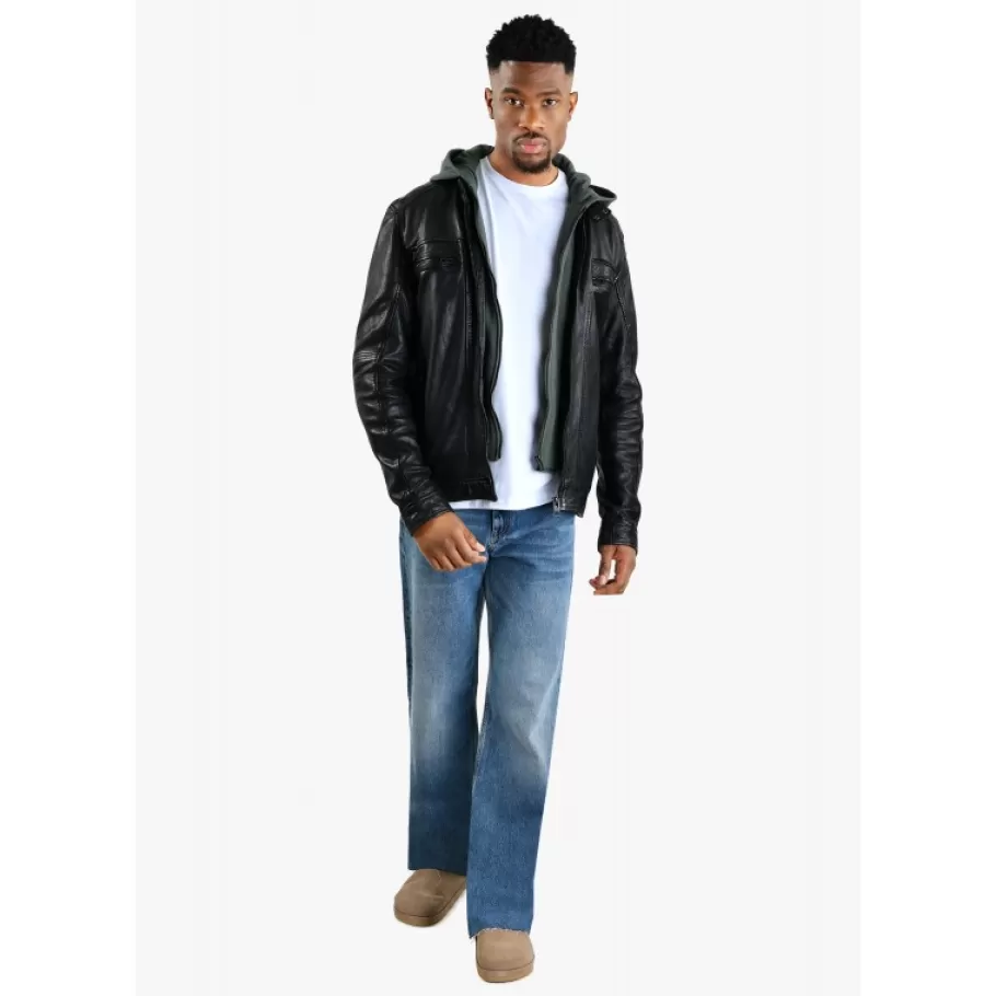 OAKWOOD Kingsley Noir - Blouson En Cuir Veritable Effet Lave & Capuche Amovible Shop