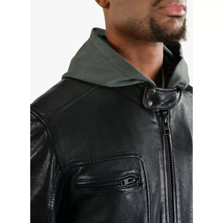 OAKWOOD Kingsley Noir - Blouson En Cuir Veritable Effet Lave & Capuche Amovible Shop