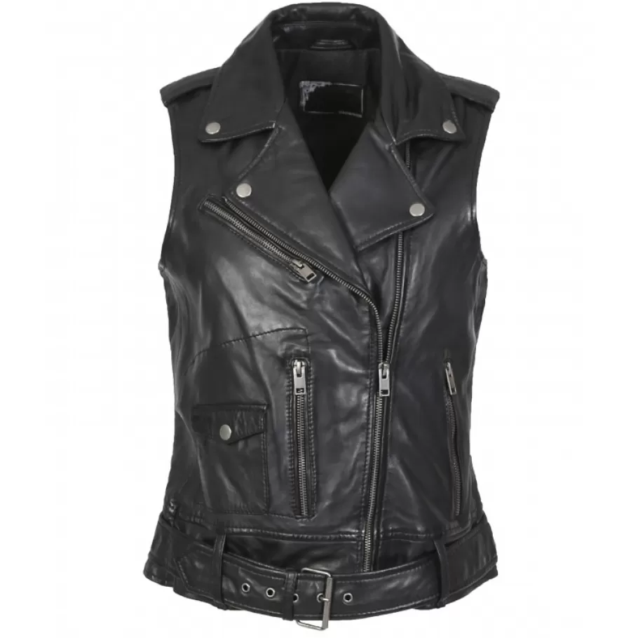 OAKWOOD Kylie 6 Noir - Blouson Sans Manches Esprit Biker En Cuir Veritable New